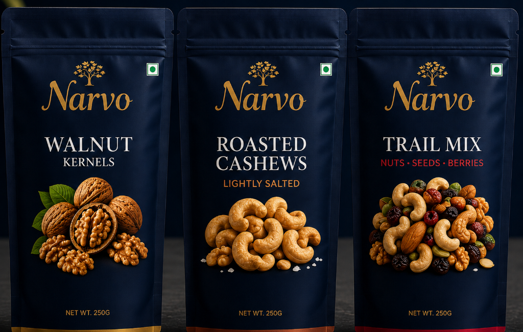 Narvo — Walnut Kernels, Roasted Cashews, Trail Mix pouches